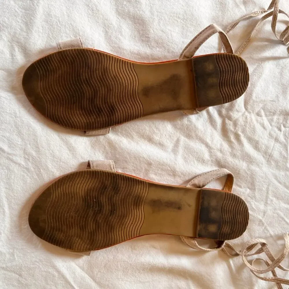 Women's Lace Up Ankle Tie Flat Sandals Tan Suede Cognac Footbed Size 9